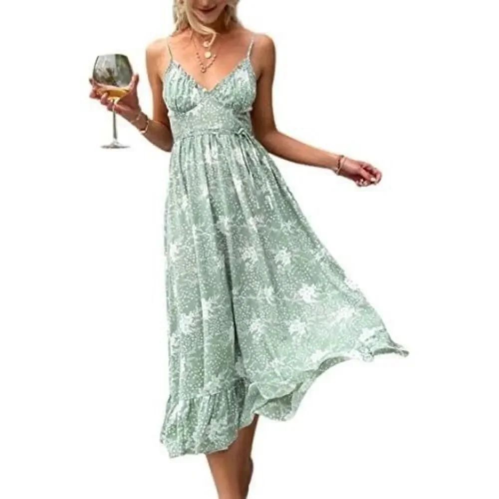 See the Shades Light Green Cream Floral Tiered Maxi Dress
